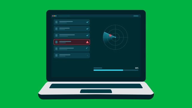 Laptop security scan animation showing files being checked for threats, cyber protection dashboard, malware detection alerts, secure system monitoring, and digital safety concept on green screen.