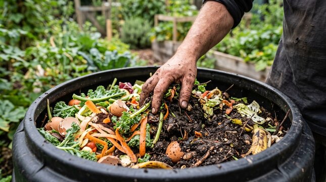 Gardener Mixing Organic Waste in Compost Bin for Permaculture