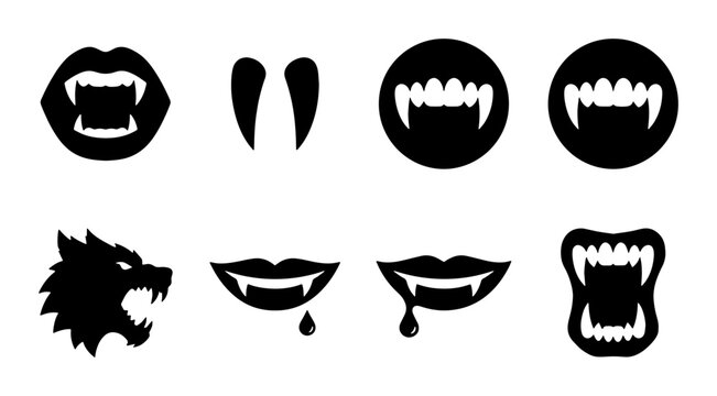Vampire fangs and wolf head silhouettes set for horror design