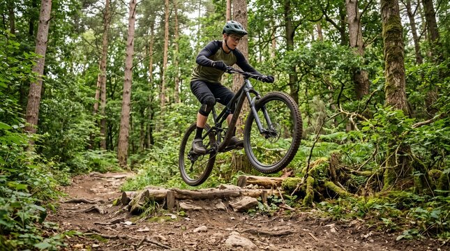 Young man mountain biking and jumping over logs in a lush forest  