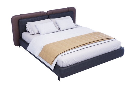 Modern Upholstered Bed with Bedding Isolated on Transparent Background