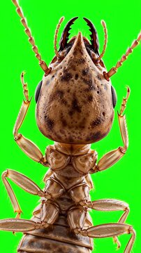 Dolly shot moving in on a conehead termite on a green screen, emphasizing intricate body structure while maintaining a bright, well-lit environment for educational purposes