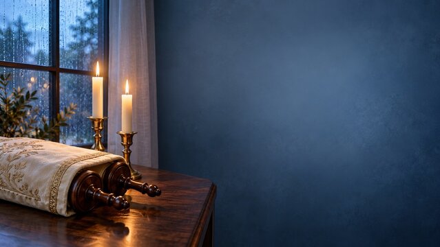 Sacred torah scroll with burning candles by rainy window for shemini atzeret prayer for rain jewish autumn holiday ritual background with copy space