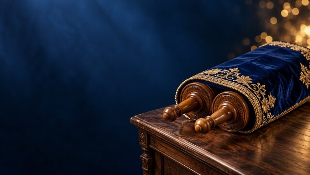 Royal blue velvet torah scroll with gold embroidery on wooden table for simchat torah celebration sacred jewish scripture and holy holiday worship concept