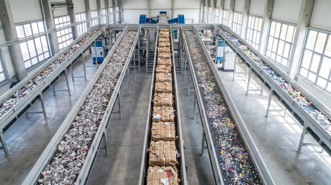 Modern waste recycling plant interior with five parallel conveyor belt sorting system for cardboard bales plastic and metal waste.