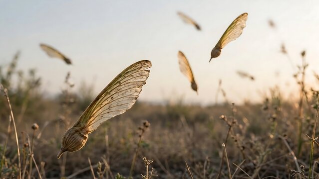 Winged Seeds Drifting Through Dry Meadow at Sunset