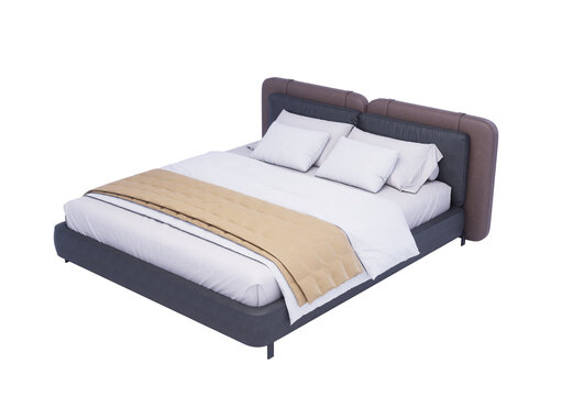 Modern Upholstered Bed with Bedding Isolated on Transparent Background