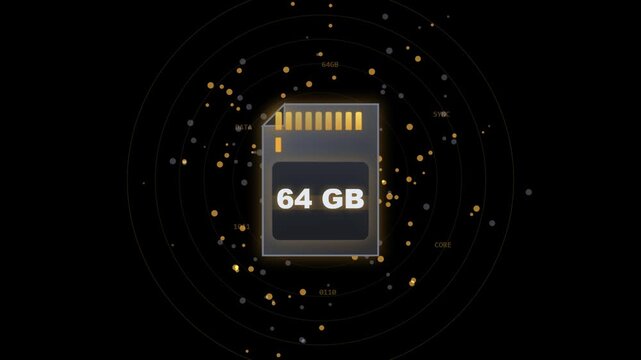 64gb sd memory card icon with digital particle data overlay storage device