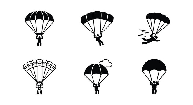 Six parachute silhouettes depict aerial descent in a vector style