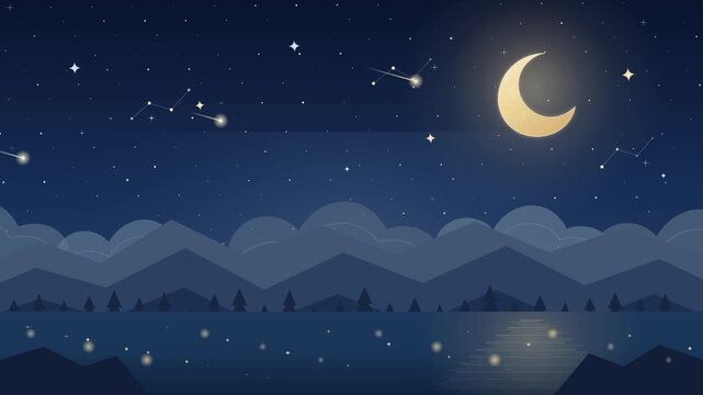 Flat vector illustration of crescent moon over night mountains