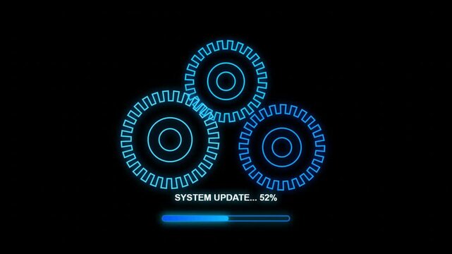 Glowing blue gears and loading progress bar at ninety nine percent system update