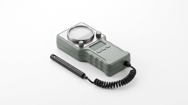 Handheld Geiger counter with probe in 3D style on white background
 