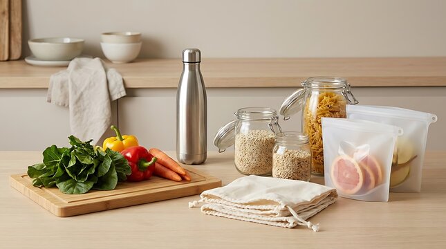 Fresh vegetables on a wooden cutting board with a metal water bottle and healthy snacks in a kitchen. eco kitchen tips