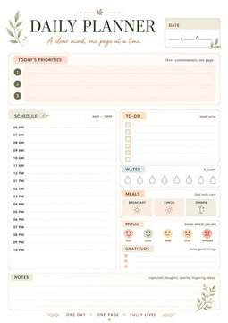 Daily Planner Template with Schedule, Priorities, Tasks, Mood Tracker and Notes