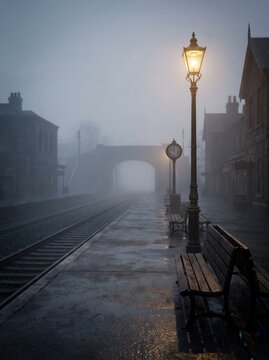 cinematic train journey through mist concept. Foggy vintage train station platform at night with lit streetlamp and bench