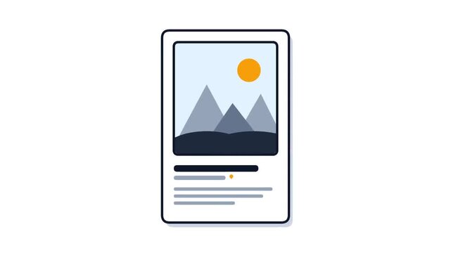 Stylized illustration of a digital content card displaying an image placeholder with mountains and sun, along with text lines representing content or an article snippet.