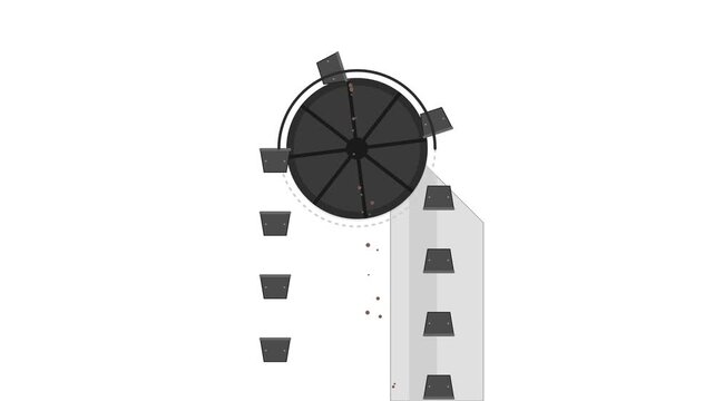 Industrial Bucket Elevator Continuous Gravity Discharge Motion Graphic with Steel Buckets and Mineral Ores