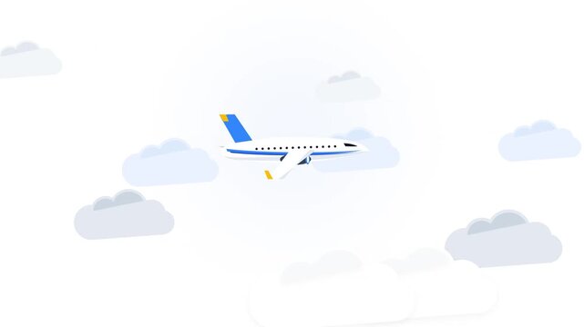 Animated airplane flying through clouds on white background