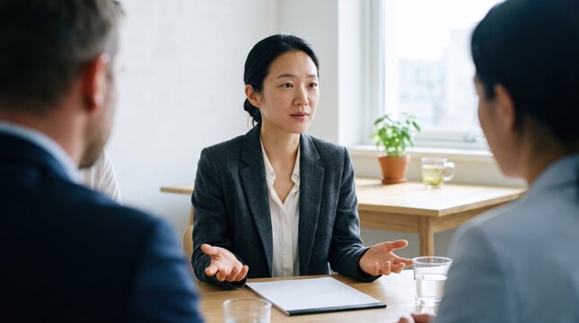 Generative AI, Asian woman in a job interview talking with two interviewers at a table