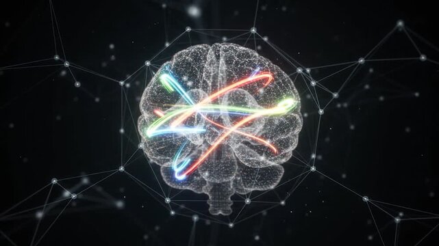 虹色の光の軌跡が駆け巡る透明な脳とニューラルネットワーク、人工知能と思考を表すデジタルアニメーション