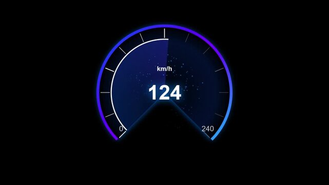 Glowing blue digital speedometer gauge measuring speed in kilometers per hour