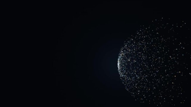 Abstract sphere particles exploding into space on dark background for digital technology.