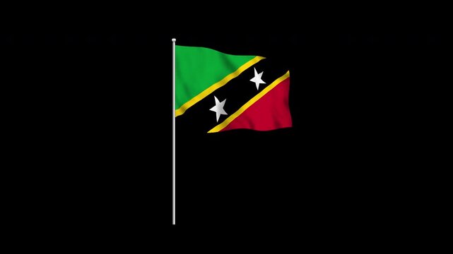 Animation of the Saint Kitts and Nevis flag fluttering on a flagpole against a transparent background in 4K