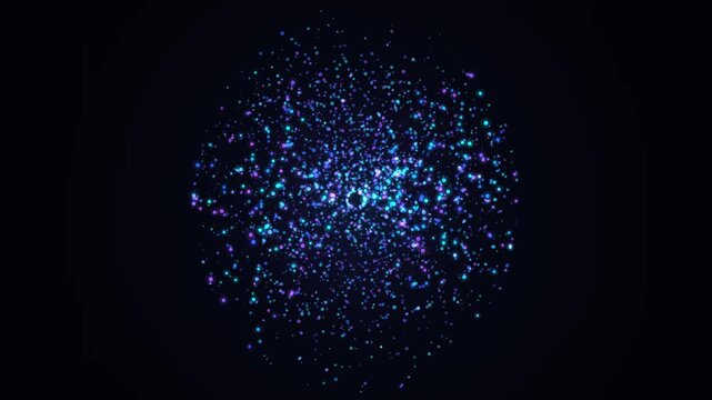 Abstract particle sphere rotating with blue and purple bokeh glow on dark background loop.
