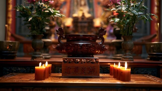 A traditional Chinese altar with ornate incense burner  lit candles  and floral arrangements on a wooden table