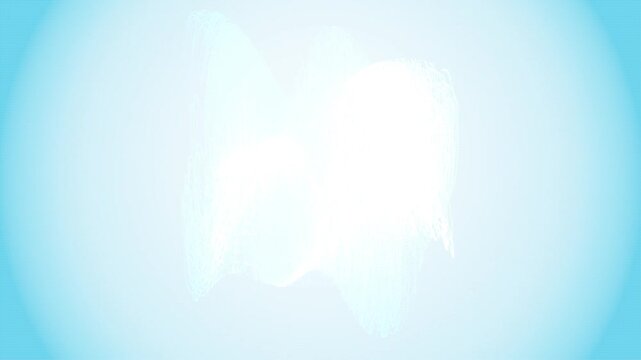 Abstract white flowing particles form motion wave shape against blue gradient background.