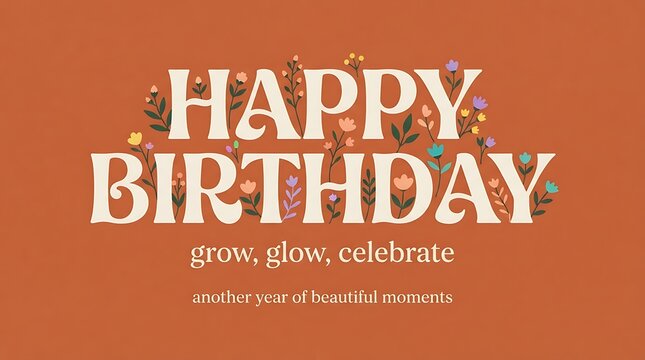 Happy Birthday floral typography greeting card design with decorative