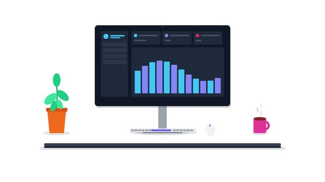 Animated desktop computer workspace showing business data analytics dashboard 