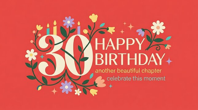 30th Birthday greeting card design with floral typography and candles