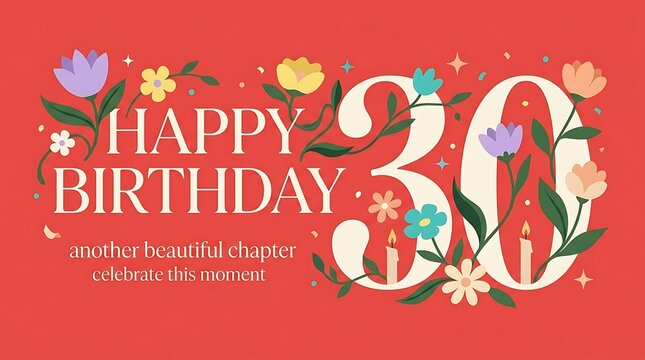 Happy 30th Birthday greeting card design with floral decorations and