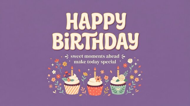 Happy Birthday greeting card design with cupcakes and floral elements