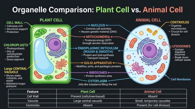 Comparison Diagram Plant Vs Animal Cell Organelles Infographic Visualization.