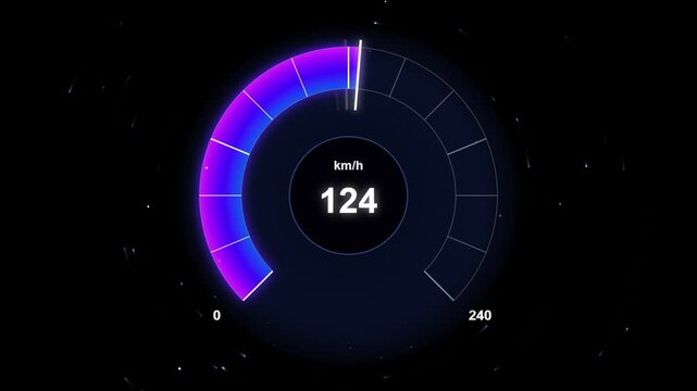 Futuristic digital speedometer gauge showing speed acceleration in km/h with neon purple and blue glow