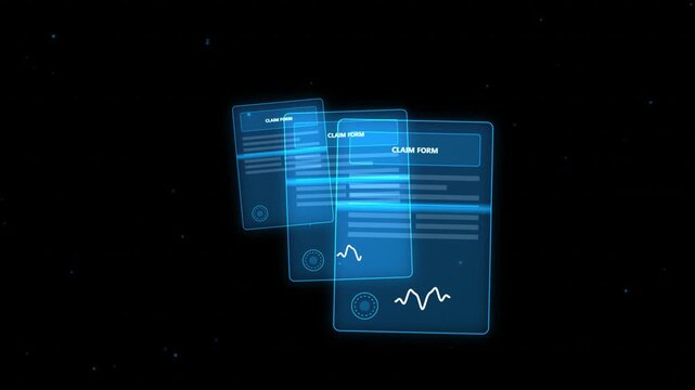 Holographic claim form documents floating on dark background with blue light