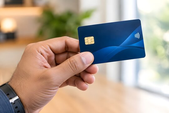 Man Holding Blank Blue Debit Card in Close-Up, Contactless Payment and Banking Concept