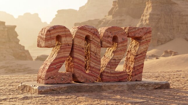 Year 2027 sandstone typography sculpture in a desert landscape. Realistic 3D rendering with layered rock texture. Warm sunlight casting soft shadows on arid terrain for new year concepts
