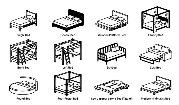 Monochrome bed outline icon set with different sleeping furniture designs in isometric vector style