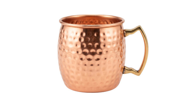 Hammered copper mug for moscow mule cocktails, traditional metallic drinkware cup, shiny bronze metal barware object isolated PNG with Transparent Background