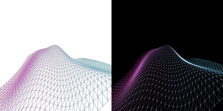 Abstract 3d wireframe mountain shape with colorful glowing light lines and dark geometric structure for digital design