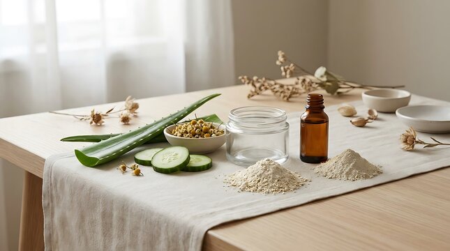 Natural aloe vera leaves with cucumber slices and essential oil bottle for spa and skin care. natural primer ingredients