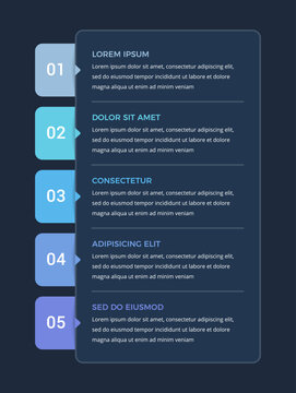 Vertical workflow infographic template with five numbered steps with side tabs and text placeholders for a structured presentation layout. Dark background