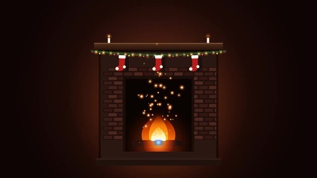 Cozy 2D Christmas fireplace animation featuring a warm glowing fire, Christmas stockings, evergreen garland, festive lights, candles, rising embers, and atmospheric holiday lighting. Perfect for Chris