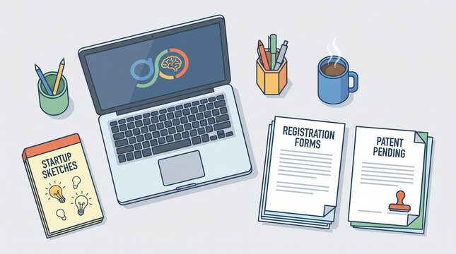 Creative business workspace desk with laptop, startup sketches, registration form, and patent pending document