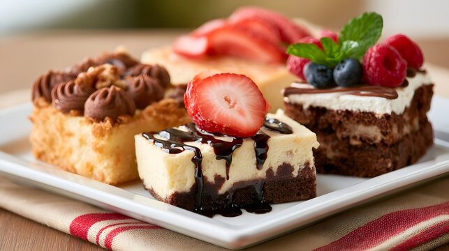 A plate of assorted gourmet desserts including cheesecake bars  chocolate brownies  and fruit topped pastries with fresh berries and mint