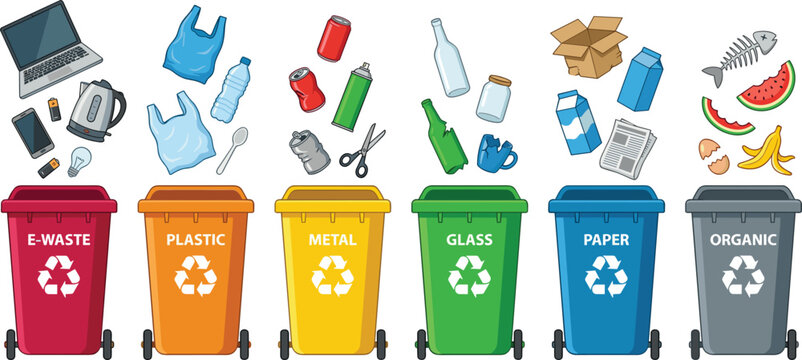 A comprehensive set of waste sorting recycling bins with various trash elements . Electronic gadgets, plastics, metals, glass, paper, organic food waste, white background .