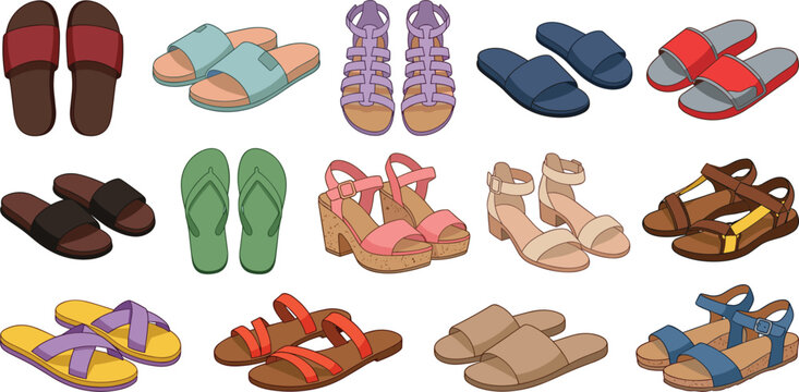 A comprehensive flat vector illustration set of casual summer footwear and sandals . Slippers, flip flops, wedges, white background .